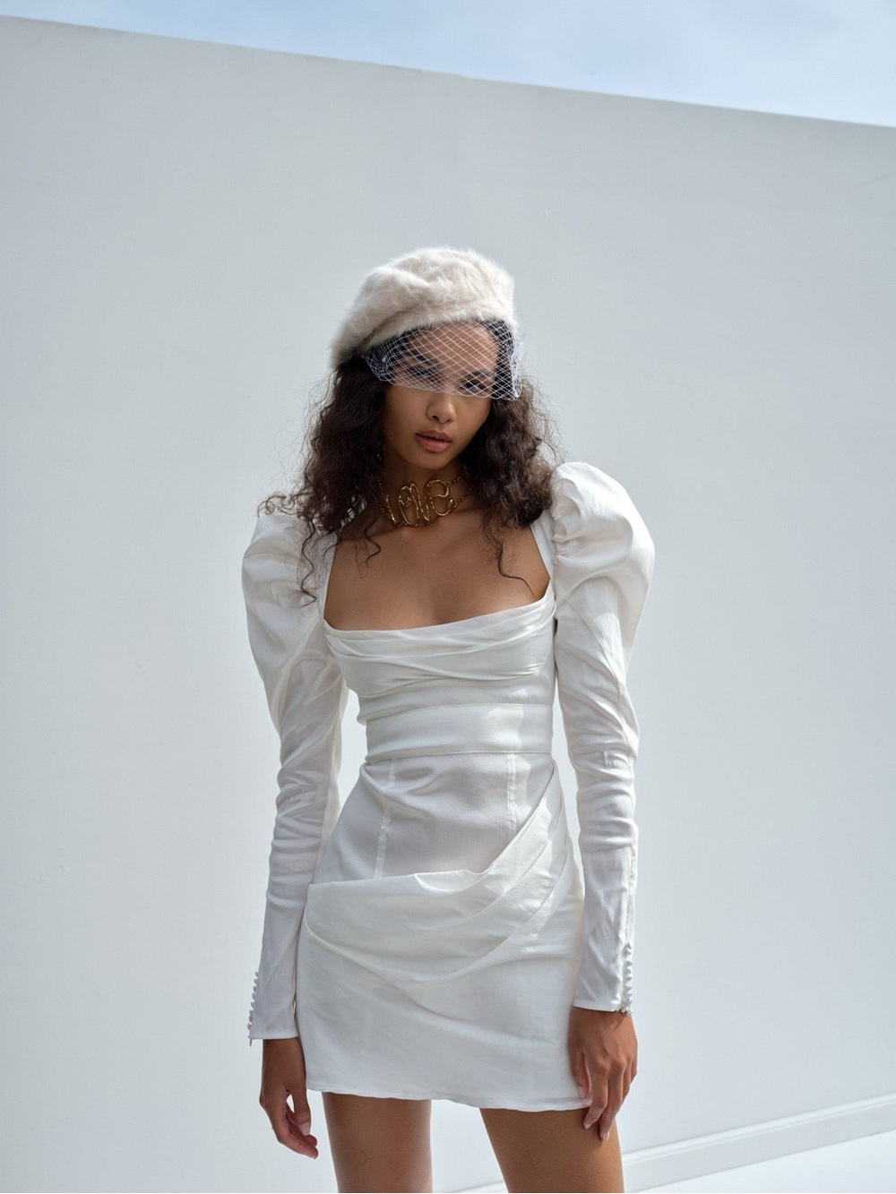 $319 NWT For Love And Lemons “Etta” Puff-Sleeve Mini Dress in White Sz XXS